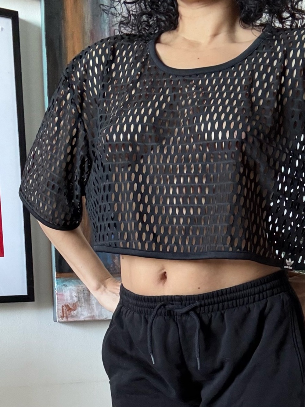 adidas Black Mesh Crop Top - Open Weave Athletic Tee